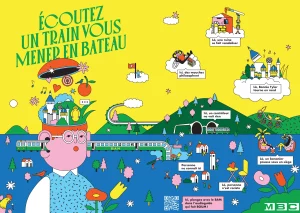 Affiche illustrée "Écoutez un train vous mener en bateau" pour l'événement du MBC