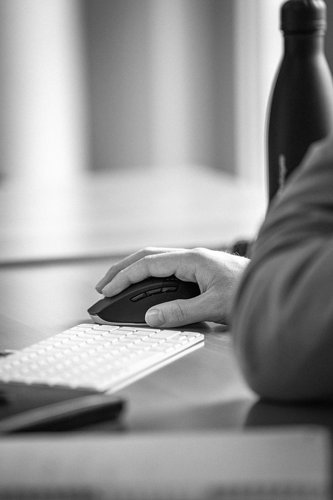 Main tenant une souris.